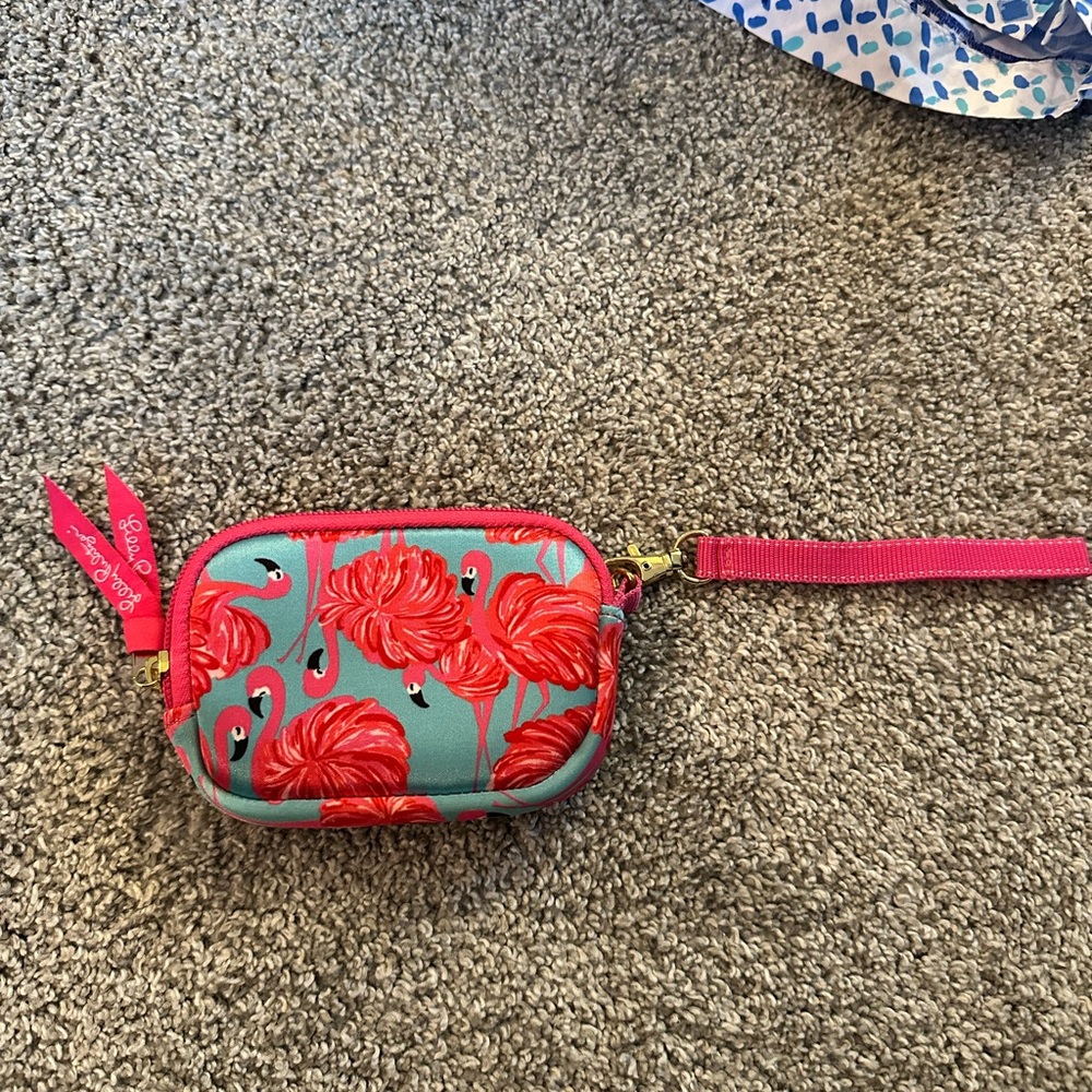 Lilly Pulitzer Teal and Coral Flamingo Wristlet Pouch